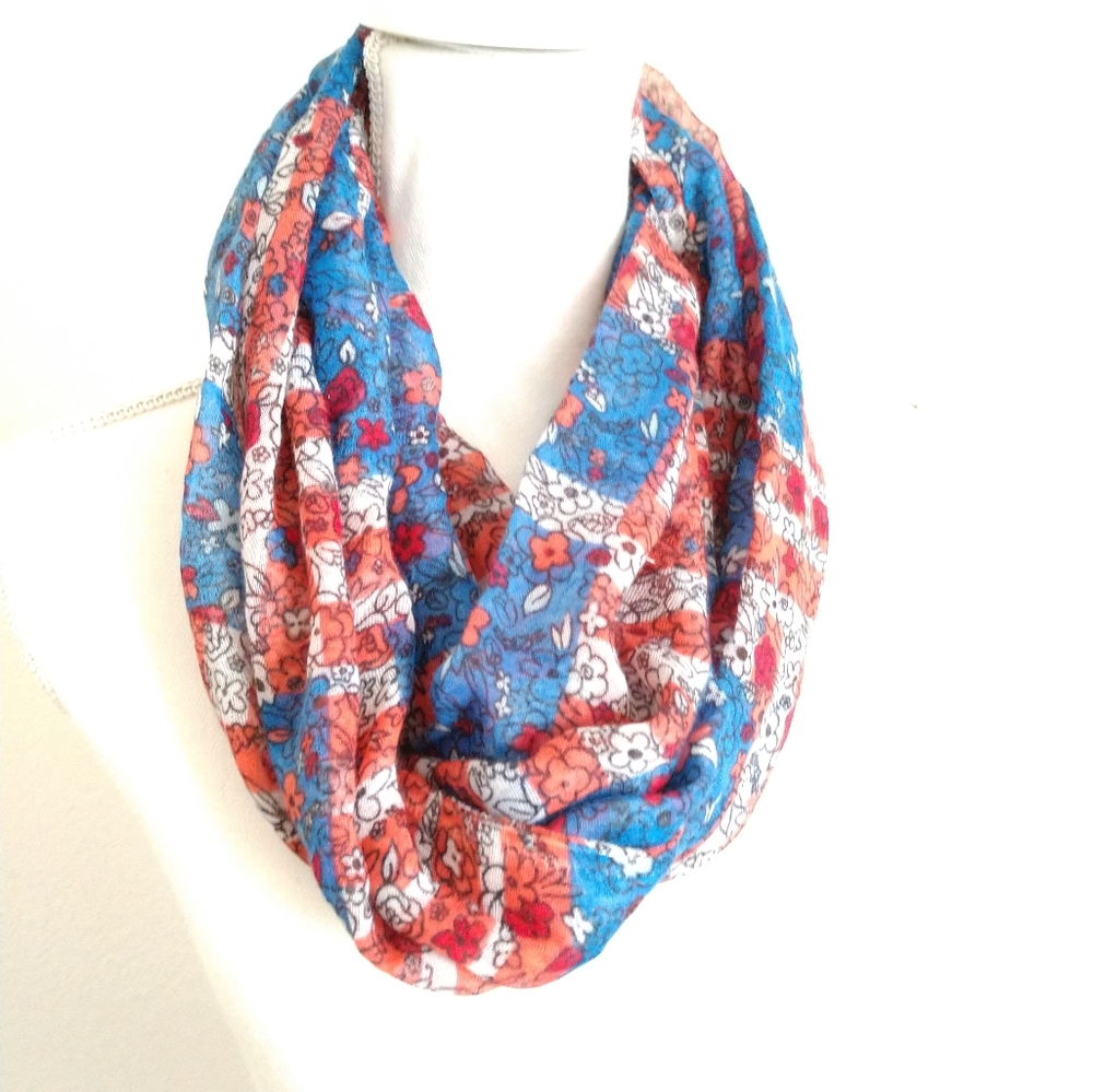Cute Floral Infinity Scarf Ditzy Print Red White Blue Narrow by Self Esteem